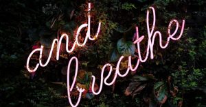 pink neon lights that read "and breathe" on a wall display of green foliage