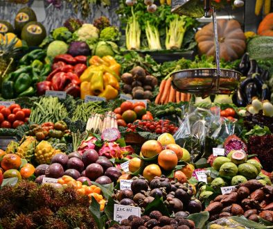 Market stall showing a wide variety of fruit and vegetables